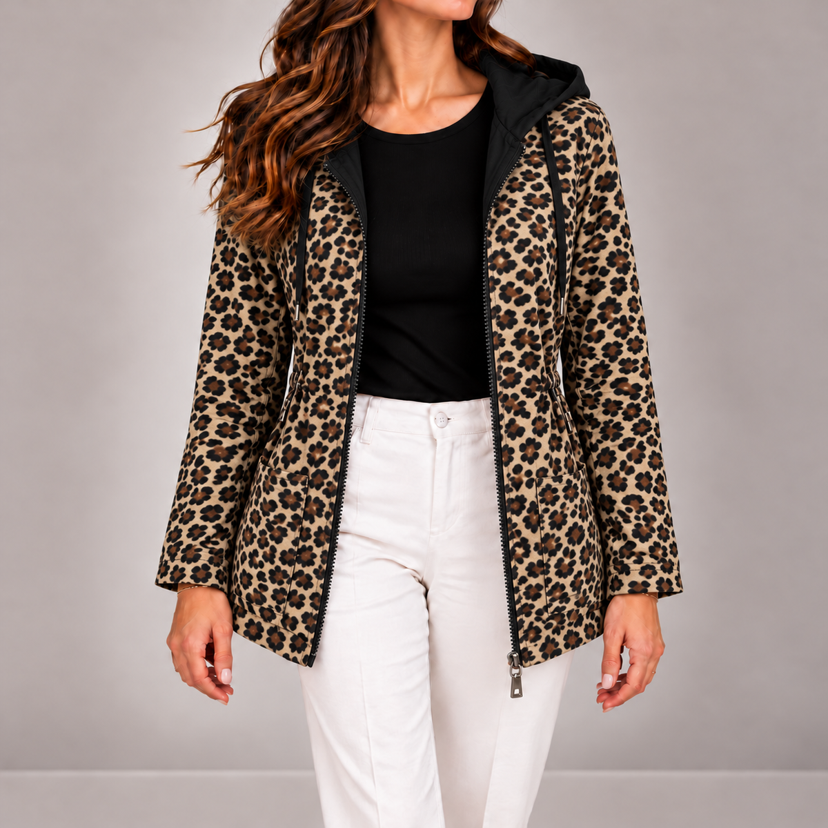 Adriana | Casaco reversível com capuz e estampado leopardo