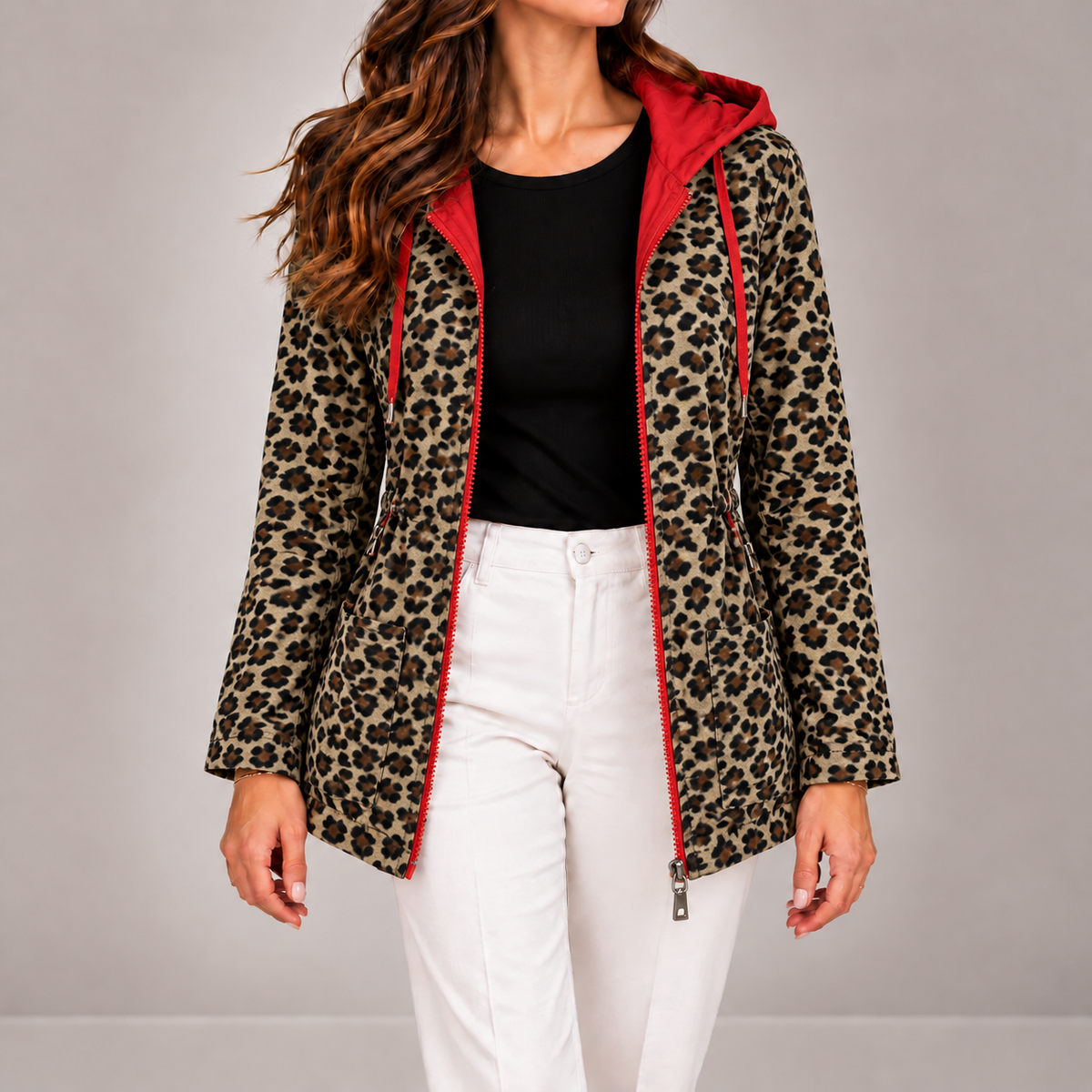 Adriana | Casaco reversível com capuz e estampado leopardo