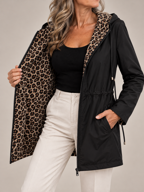 Adriana | Casaco reversível com capuz e estampado leopardo
