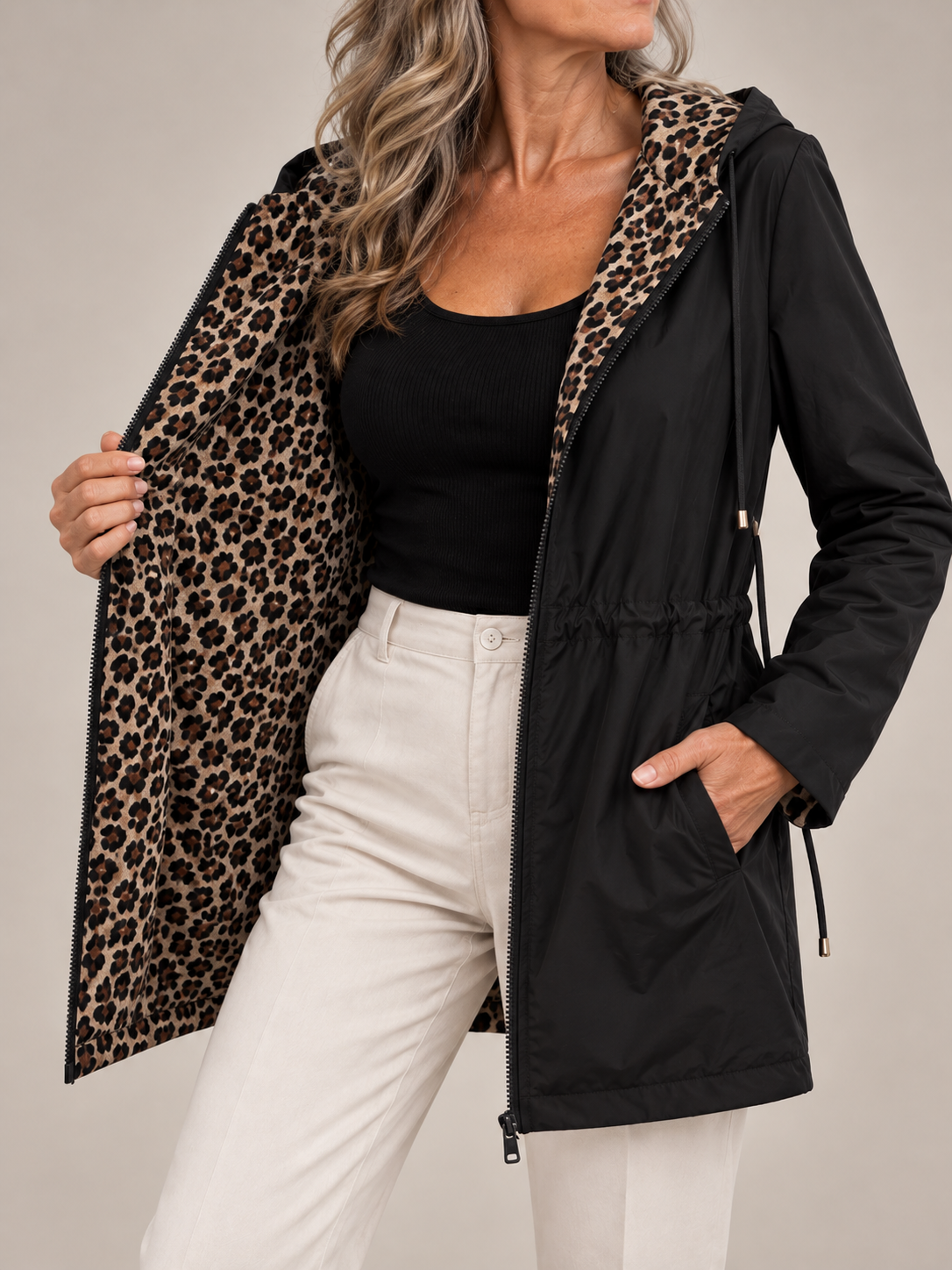 Adriana | Casaco reversível com capuz e estampado leopardo